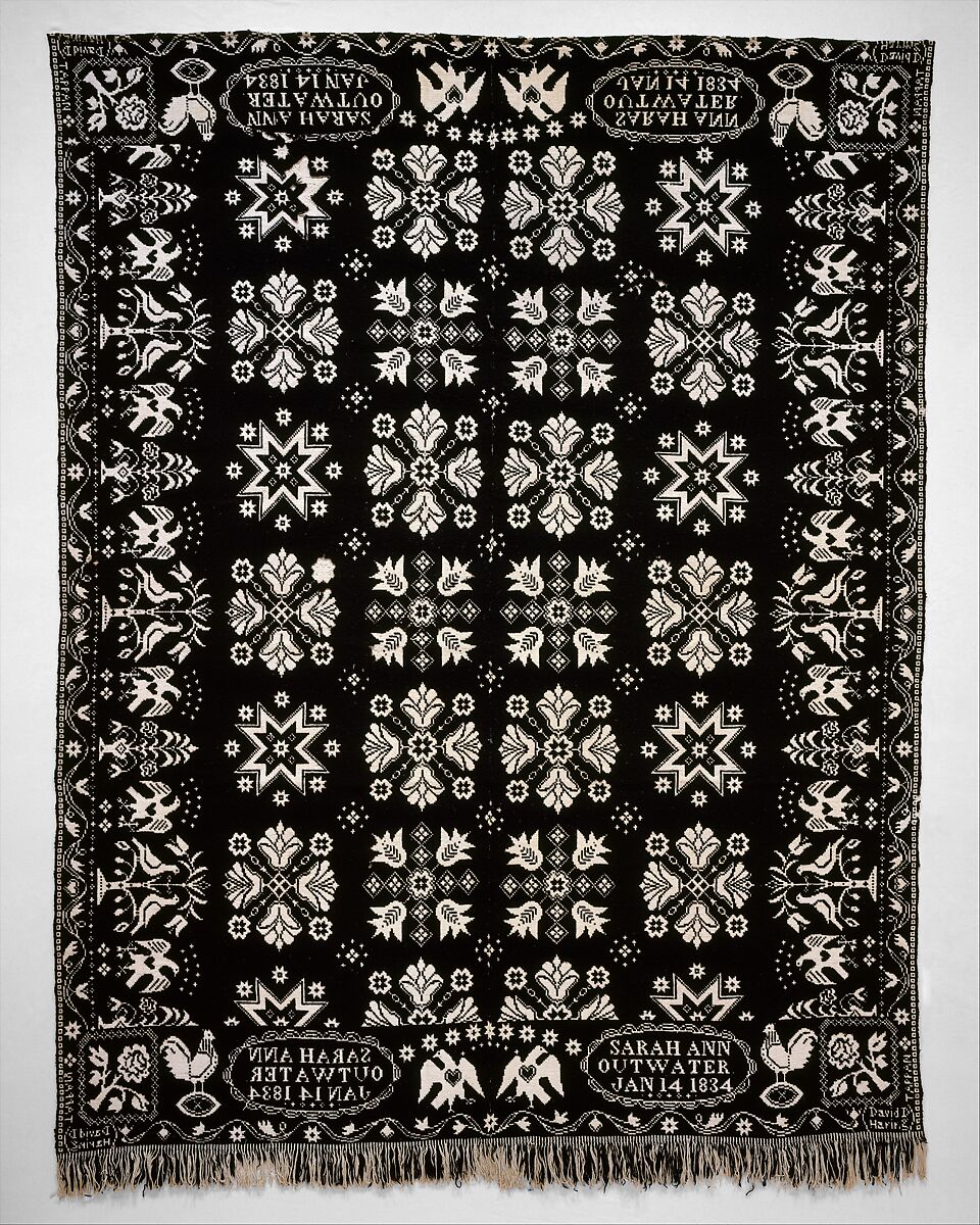 Coverlet, David Daniel Haring (1800–1889), Cotton and wool; Doublecloth, woven on a hand-loom with a Jacquard attachment, American 