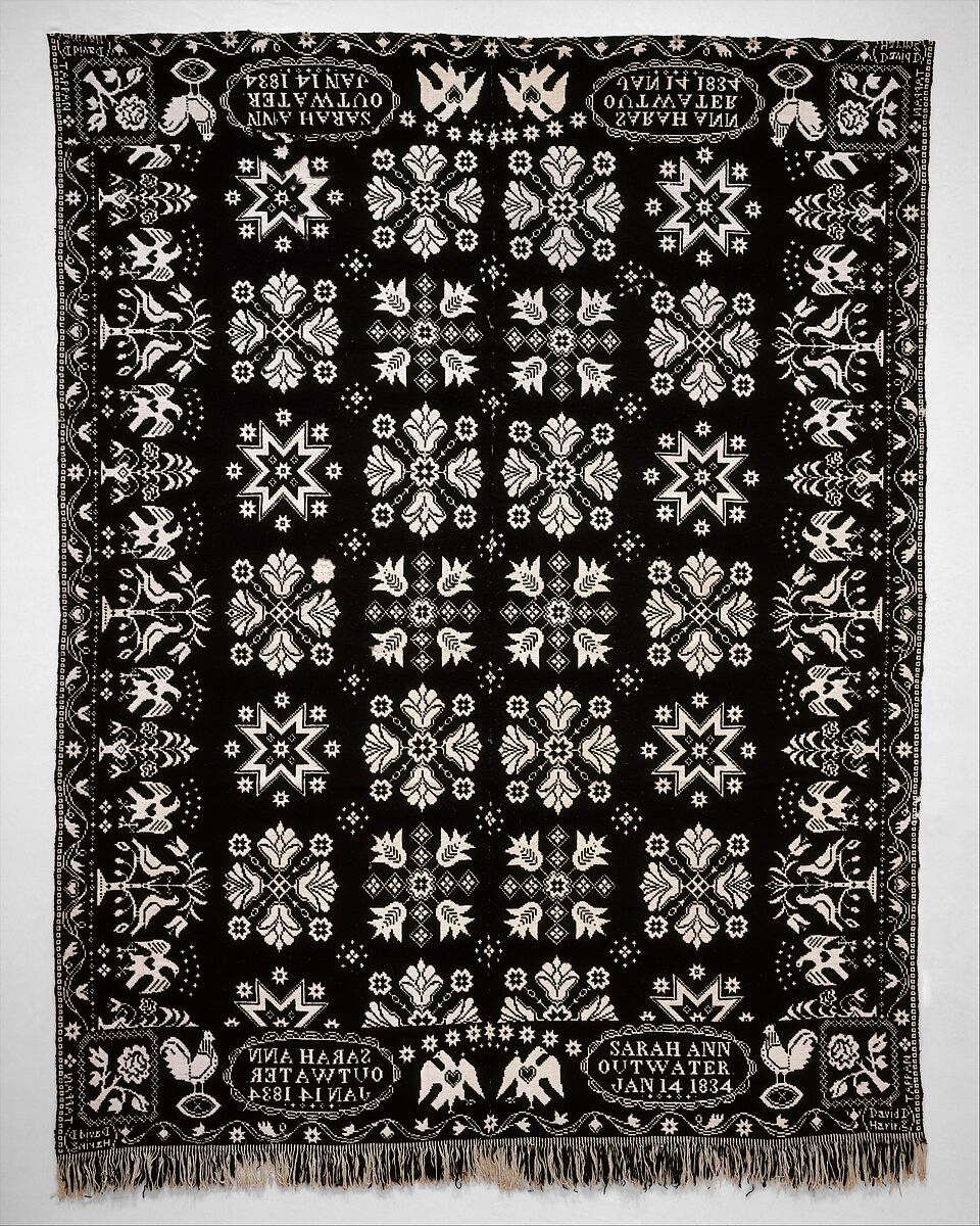 Coverlet, David Daniel Haring (1800–1889), Cotton and wool; Doublecloth, woven on a hand-loom with a
 Jacquard attachment, American 