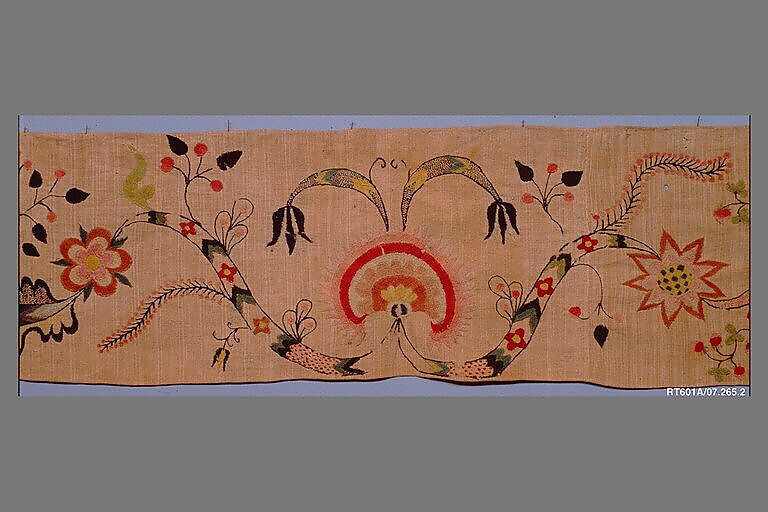 Valance, Linen embroidered with crewel wool, American