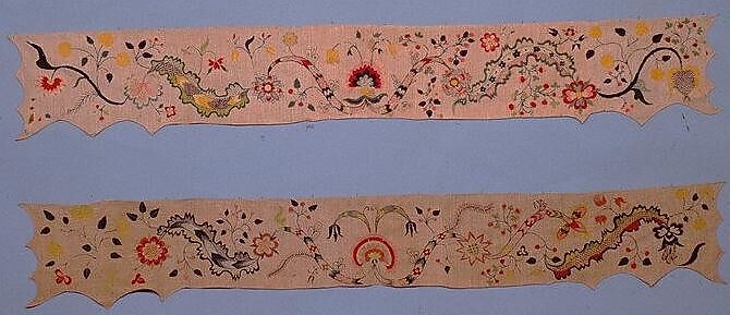 Valance, Linen embroidered with crewel wool, American 