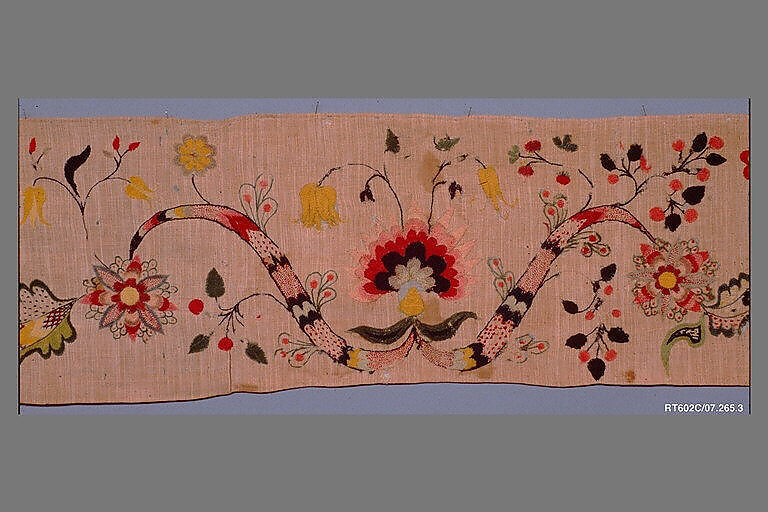 Valance, Linen embroidered with crewel wool, American
