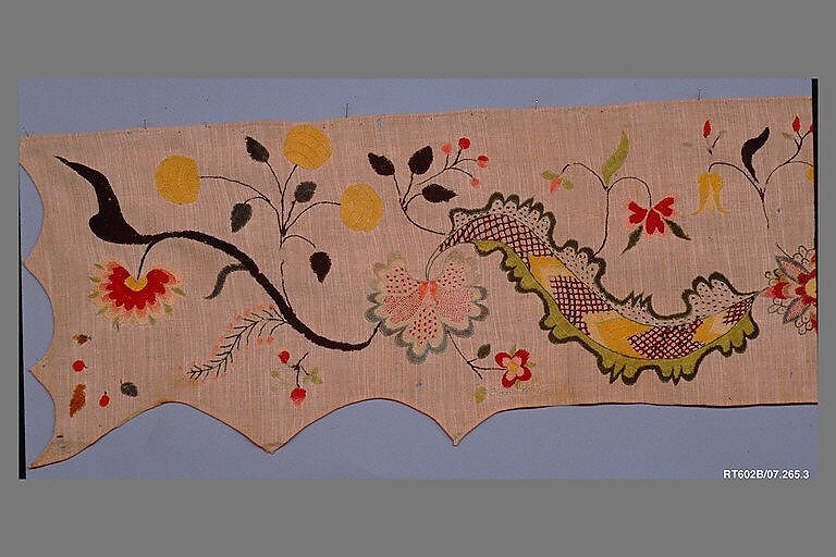Valance, Linen embroidered with crewel wool, American