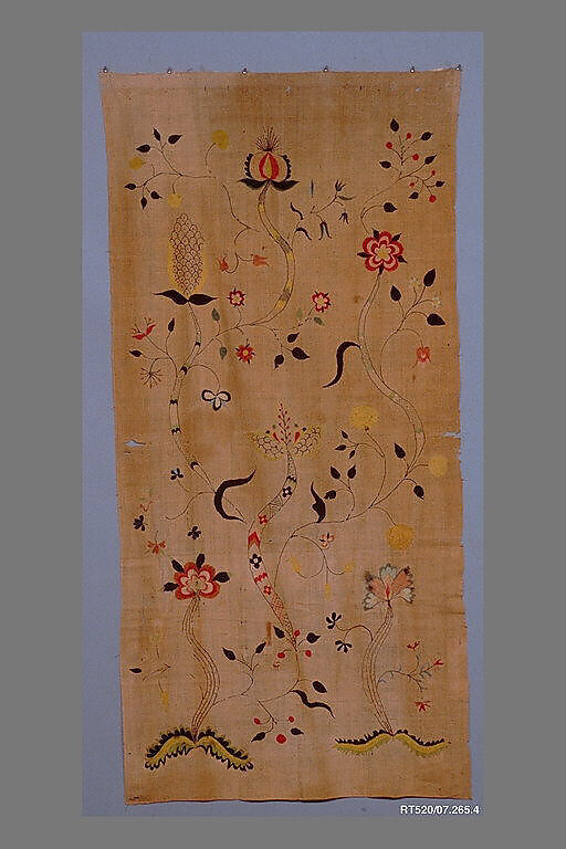 Curtain, Linen embroidered with crewel wool, American 