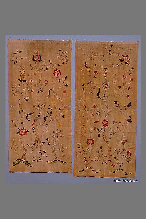 Curtain, Linen embroidered with crewel wool, American