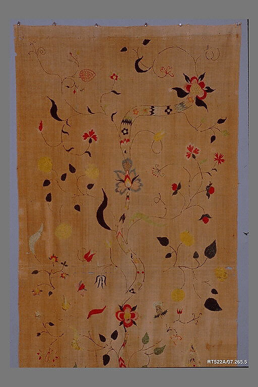 Curtain, Linen embroidered with crewel wool, American