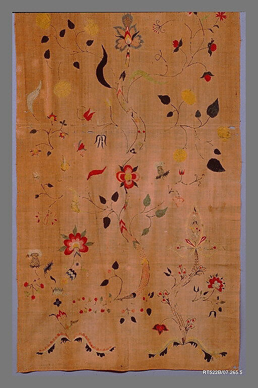 Curtain, Linen embroidered with crewel wool, American