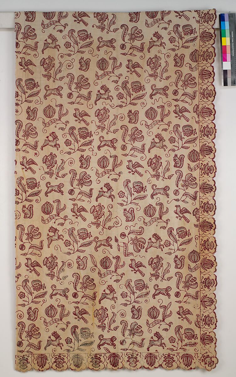 Embroidered bed curtain, Cotton/linen embroidered with wool thread, British