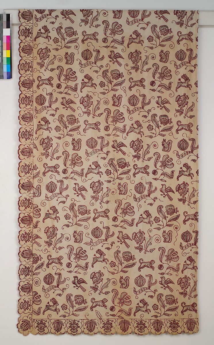 Embroidered bed curtain, Cotton/linen embroidered with wool thread, British