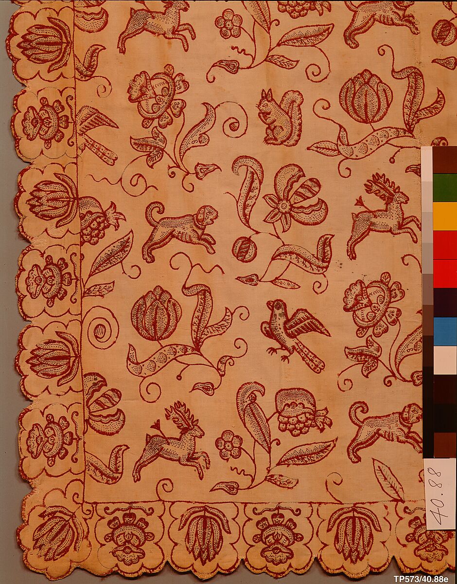 Embroidered bed curtain, Cotton/linen embroidered with wool thread, British