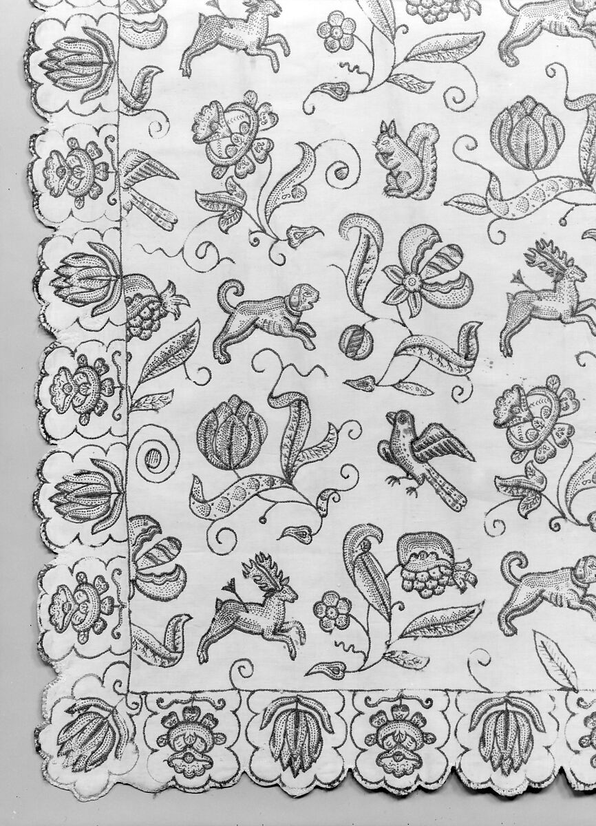 Embroidered bed curtain, Cotton/linen embroidered with wool thread, British