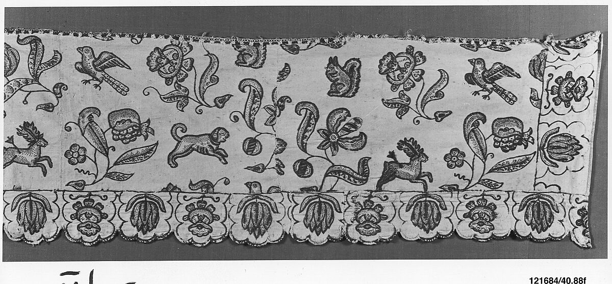 Embroidered bed curtain, Cotton/linen embroidered with wool thread, British