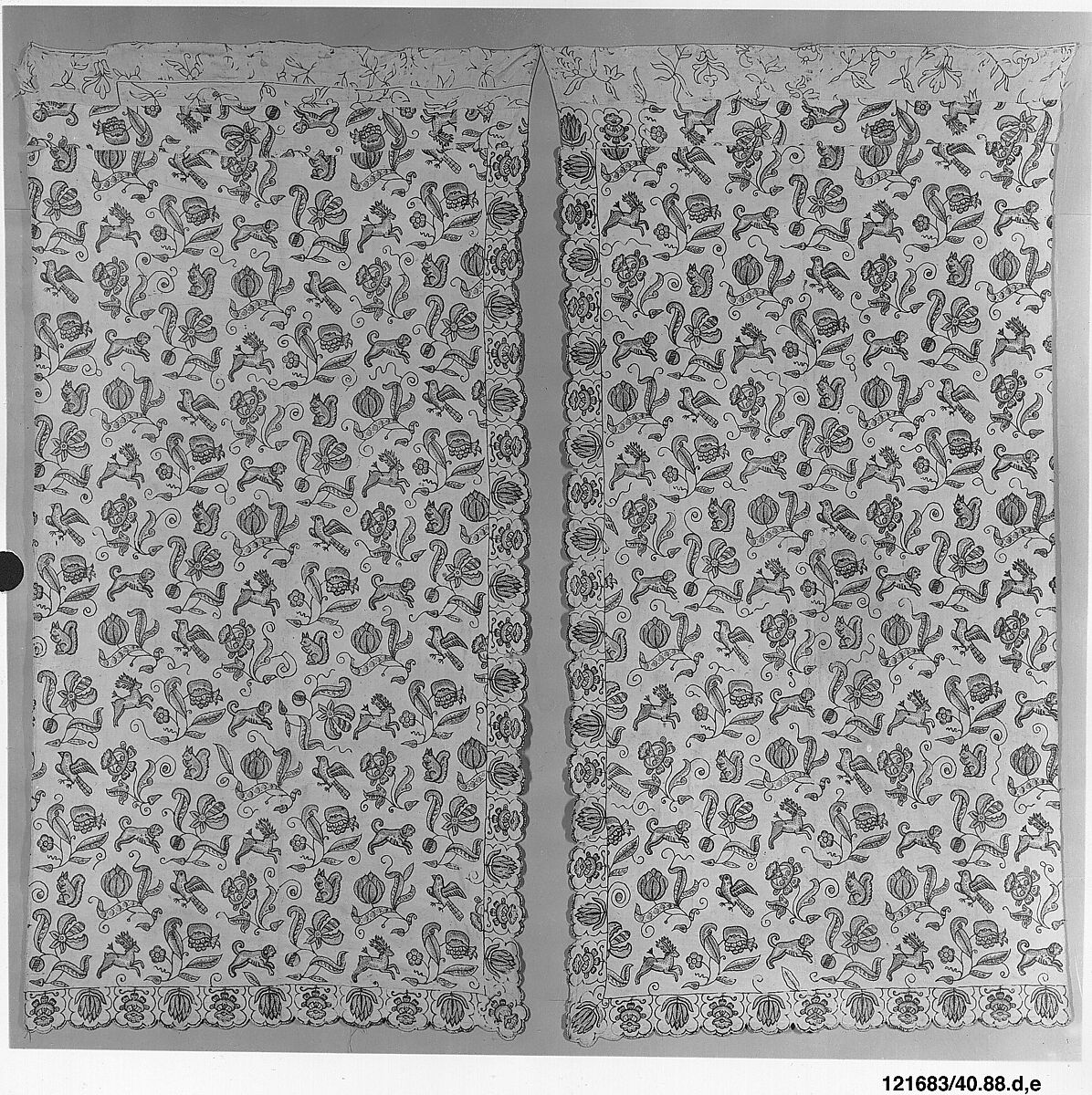 Embroidered bed curtain, Cotton/linen embroidered with wool thread, British