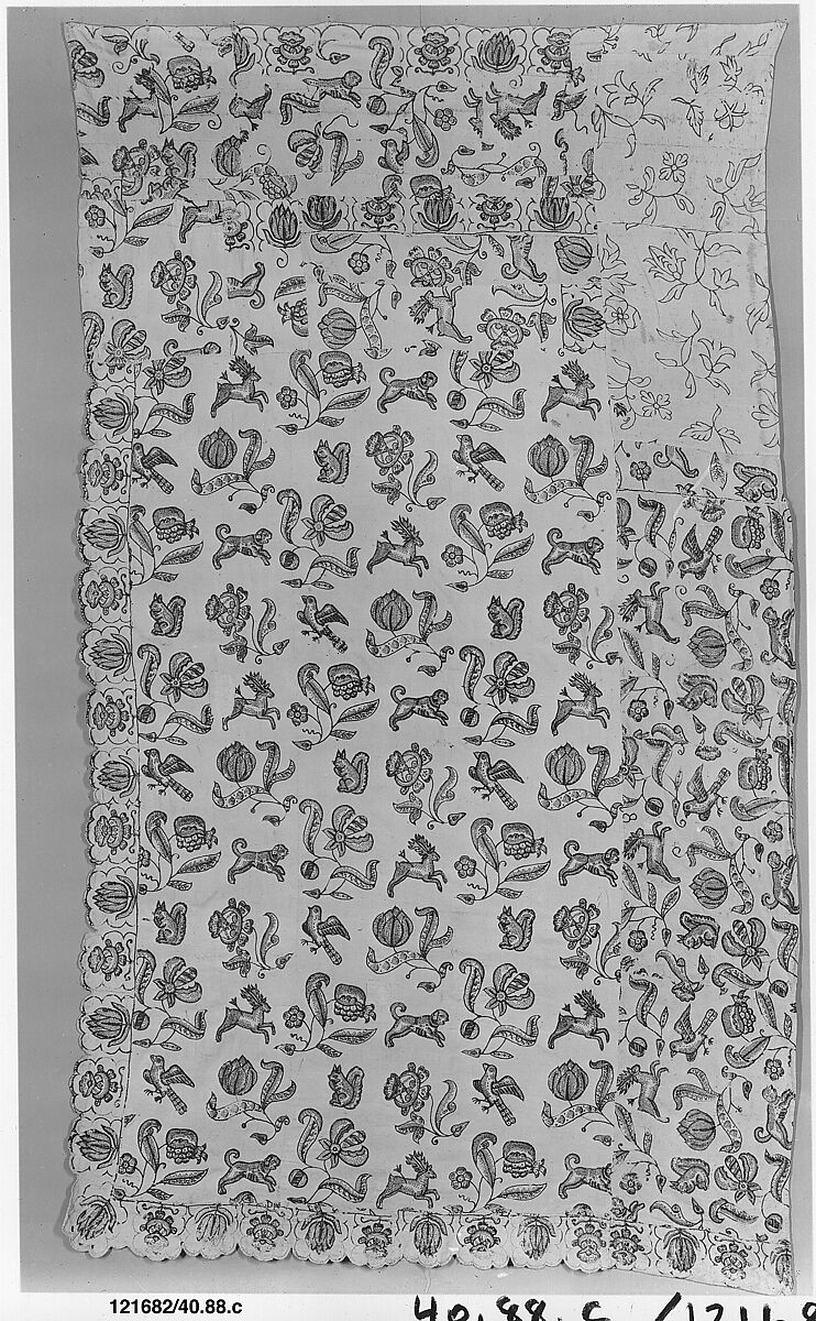 Embroidered bed curtain, Cotton/linen embroidered with wool thread, British