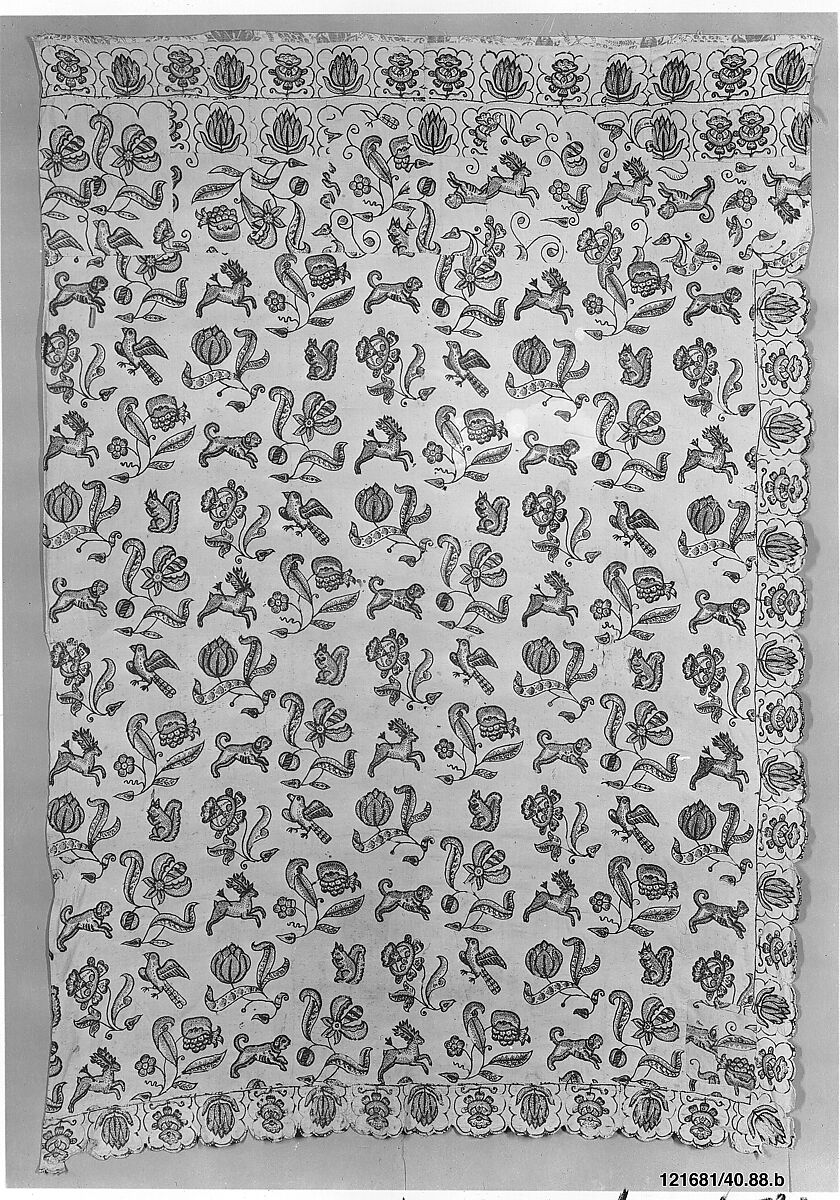 Embroidered bed curtain, Cotton/linen embroidered with wool thread, British