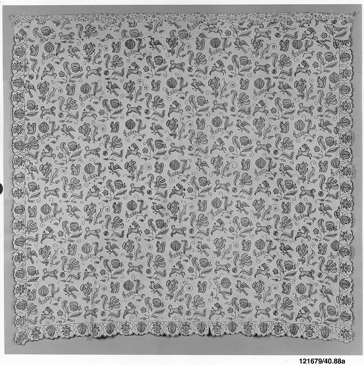 Embroidered bed curtain, Cotton/linen embroidered with wool thread, British