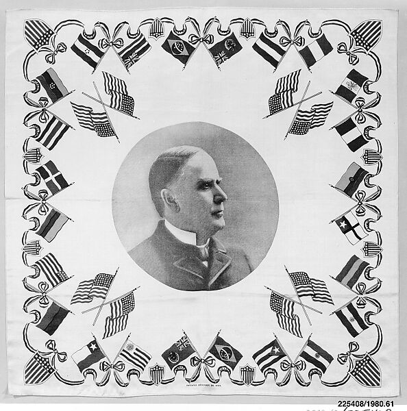 Handkerchief, Portrait of William McKinley, Silk, cyanotype printing of portrait, printed, American 