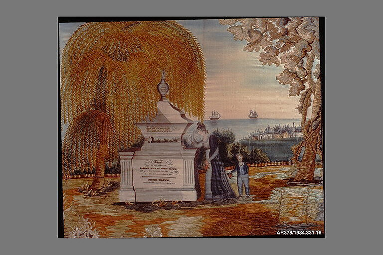 Memorial to Salome and Moses Brown, Charlotte Brown, Silk and silk chenille embroidered on silk and painted, American 