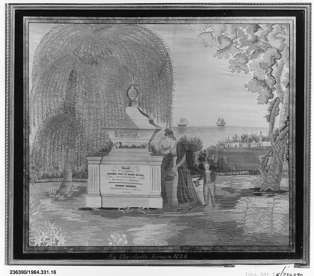 Memorial to Salome and Moses Brown, Charlotte Brown, Silk and silk chenille embroidered on silk and painted, American