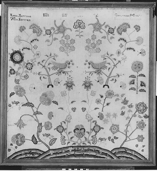 Embroidered Picture, Elizabeth Jefferis, Linen embroidered with crewel wool, American