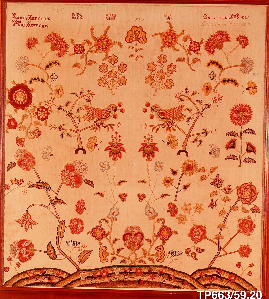 Embroidered Picture, Elizabeth Jefferis, Linen embroidered with crewel wool, American