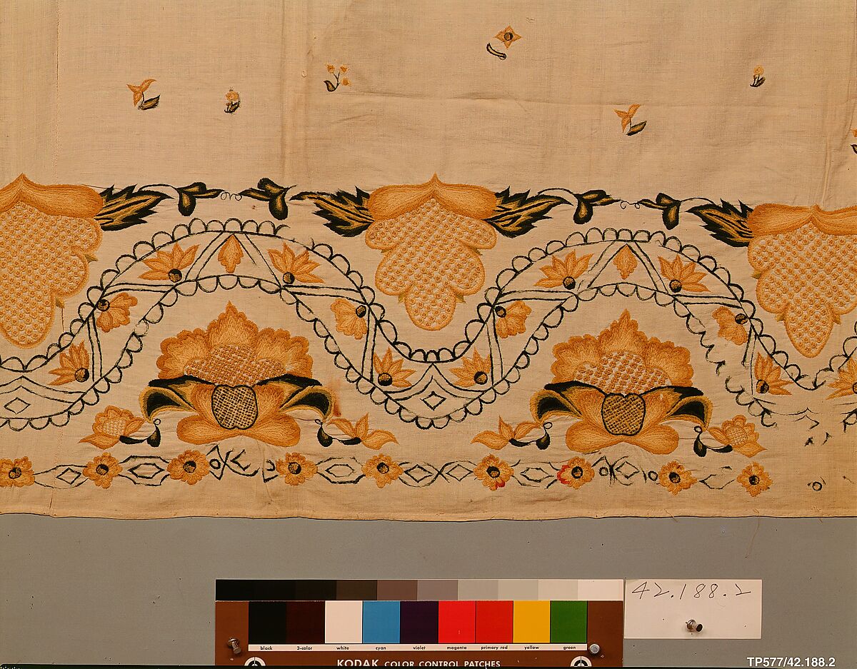 Petticoat, Linen embroidered with crewel wool, American