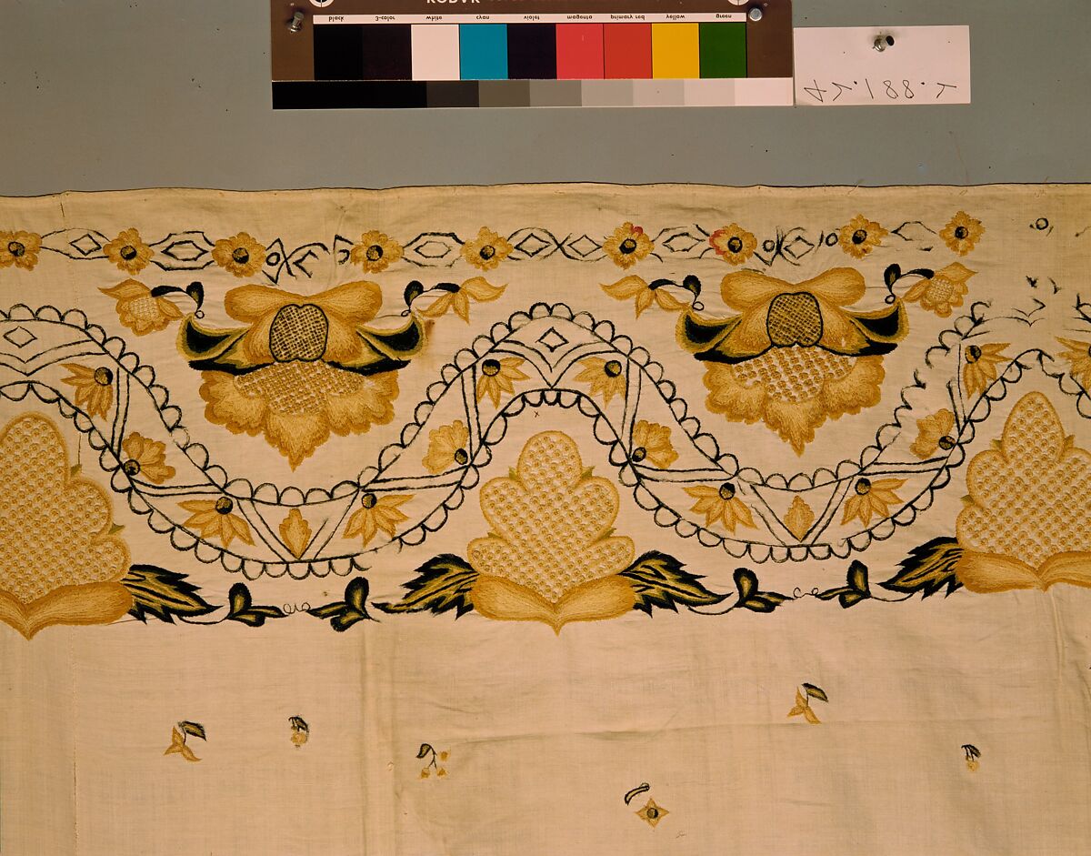 Petticoat, Linen embroidered with crewel wool, American