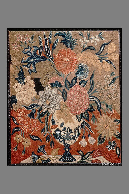 Panel, Linen embroidered with wool and silk threads, British 