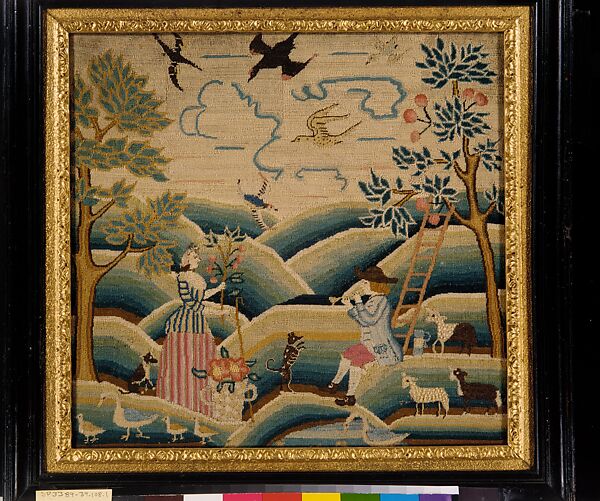 Embroidered Picture, Attributed to Jane Ring Alcock (1719–1766) or, Linen embroidered with wool and silk, American