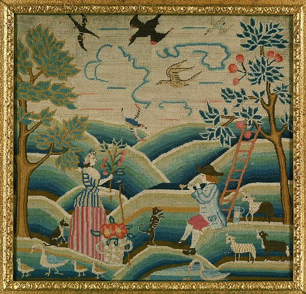 Embroidered Picture, Attributed to Jane Ring Alcock (1719–1766) or, Linen embroidered with wool and silk, American