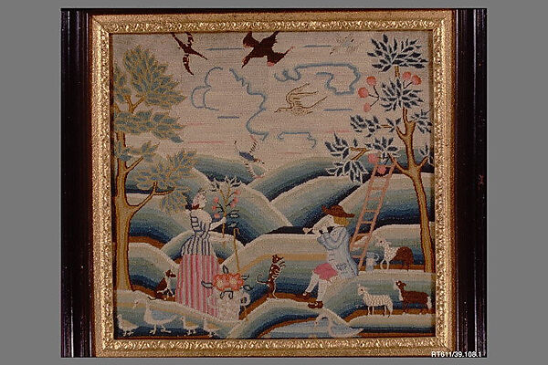 Embroidered Picture, Attributed to Jane Ring Alcock (1719–1766) or, Linen embroidered with wool and silk, American