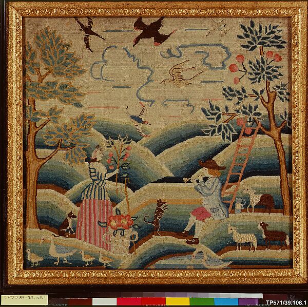 Embroidered Picture, Attributed to Jane Ring Alcock (1719–1766) or, Linen embroidered with wool and silk, American