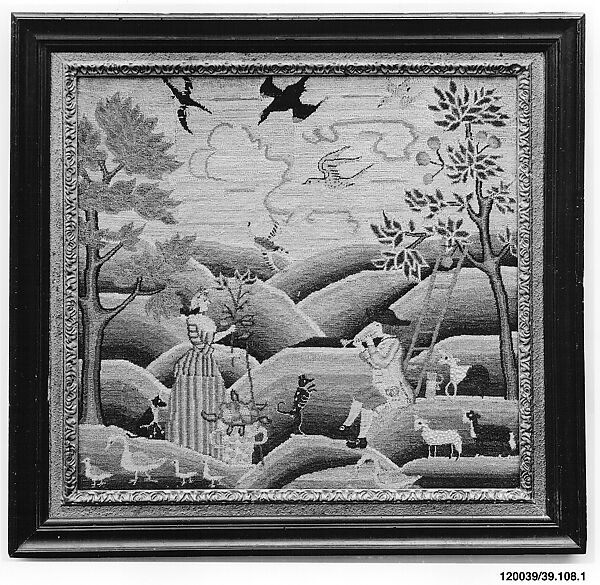 Embroidered Picture, Attributed to Jane Ring Alcock (1719–1766) or, Linen embroidered with wool and silk, American