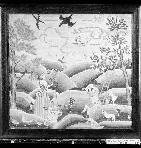 Embroidered Picture, Attributed to Jane Ring Alcock (1719–1766) or, Linen embroidered with wool and silk, American