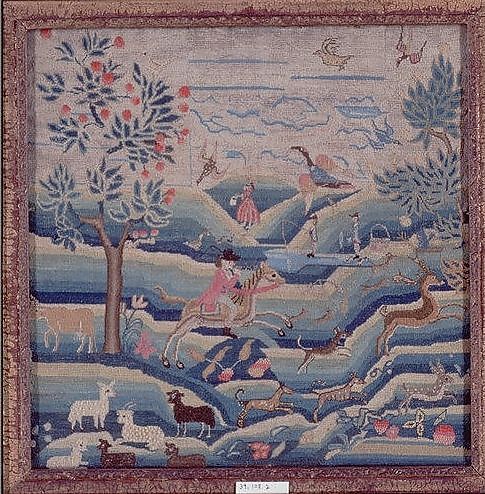 Hunting Scene, Keturah Rawlins, Linen embroidered with wool, silk, and metallic threads, American 