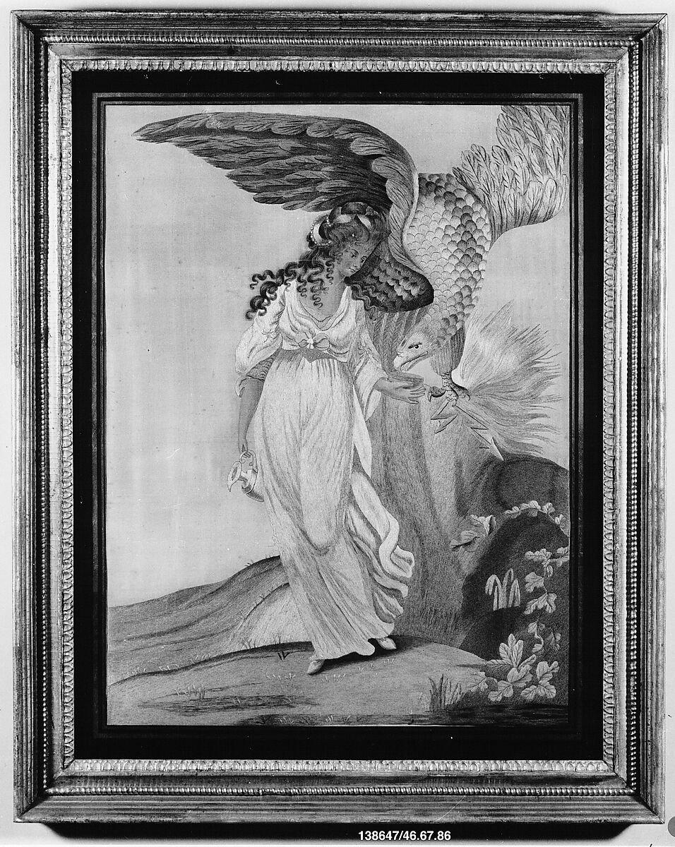 Embroidered and Painted Picture, Silk embroidered with silk thread, painted, American