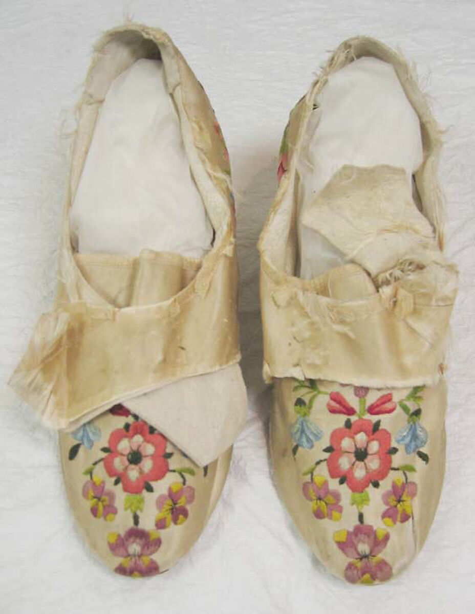 Shoes, (a, b) silk, leather, British