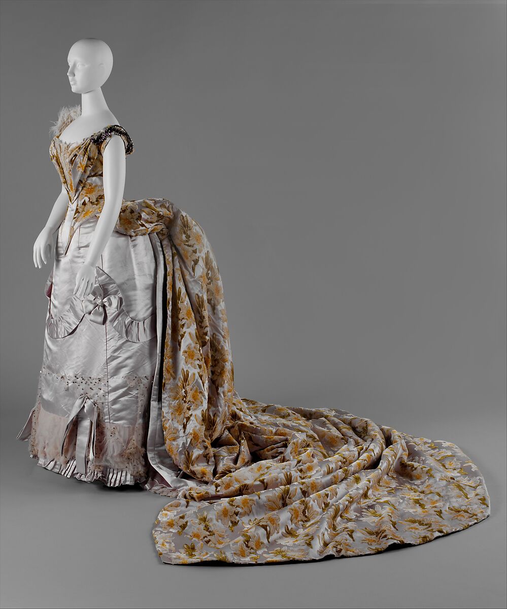 Court presentation ensemble, House of Worth (French, 1858–1956), (a) silk, metal, feathers, glass; (b–d) silk, metal; (e, f) silk; (g) feathers, silk, metal; (h–l) silk, metal, French 