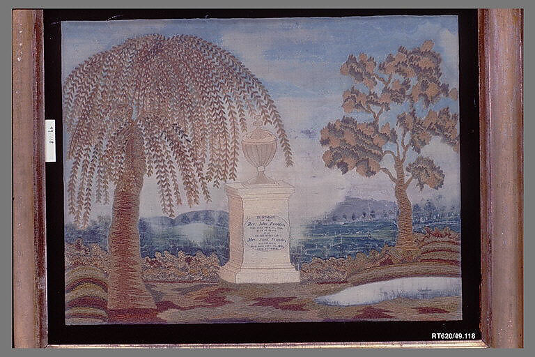 Mourning Picture, Silk embroidered with silk thread and silk chenille, painted, American 