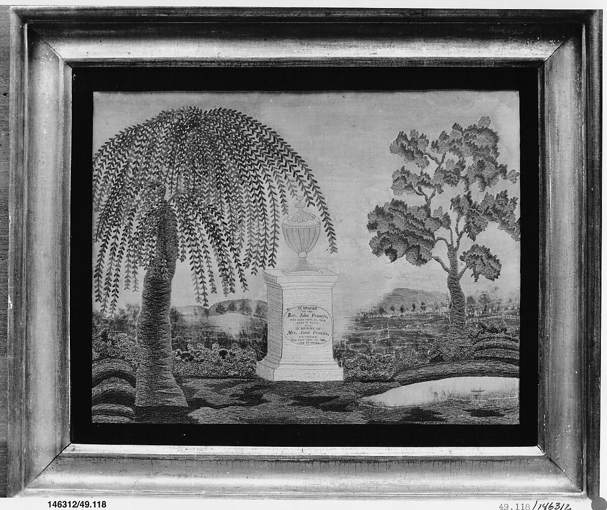 Mourning Picture, Silk embroidered with silk thread and silk chenille, painted, American