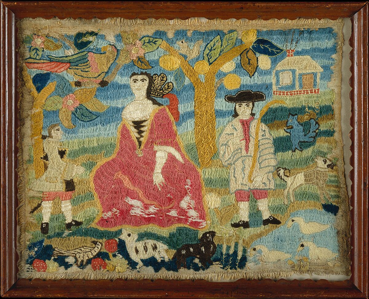 The Indian Princess, Wool and silk on linen, embroidered, American 