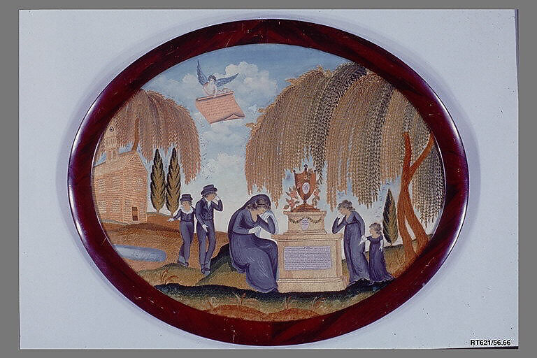 Memorial Picture, Folwell School, Silk with embroidered silk and metallic threads, paper, sequins, and painted, American 