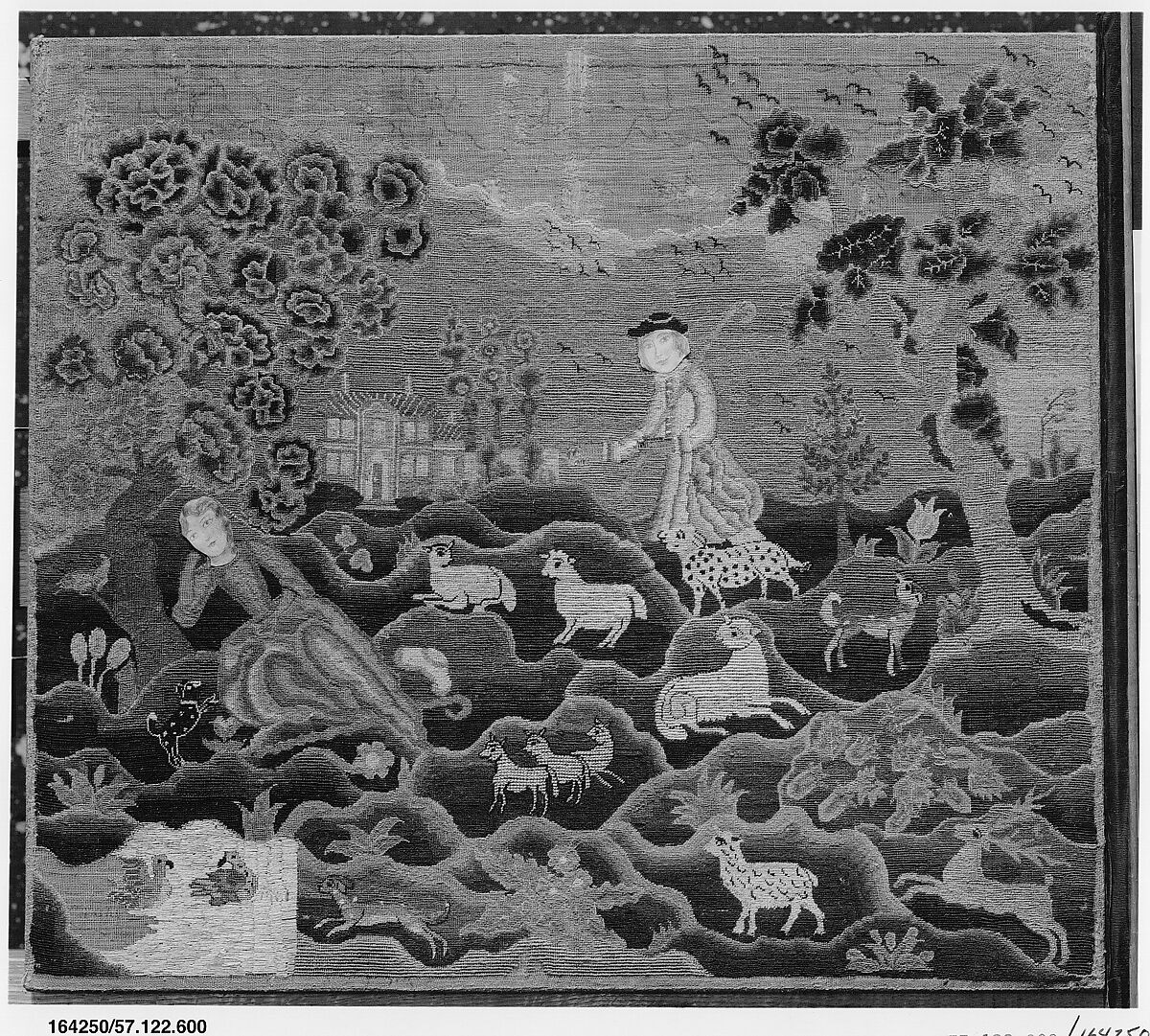 Shepherd and Shepherdess, Ann Gardner (1755–1836), Linen embroidered with wool and silk threads; decorated with paper, American