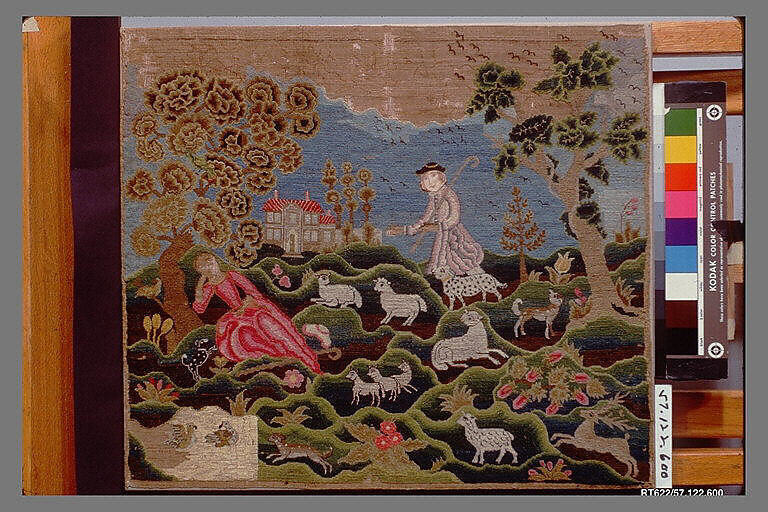 Shepherd and Shepherdess, Ann Gardner (1755–1836), Linen embroidered with wool and silk threads; decorated with paper, American