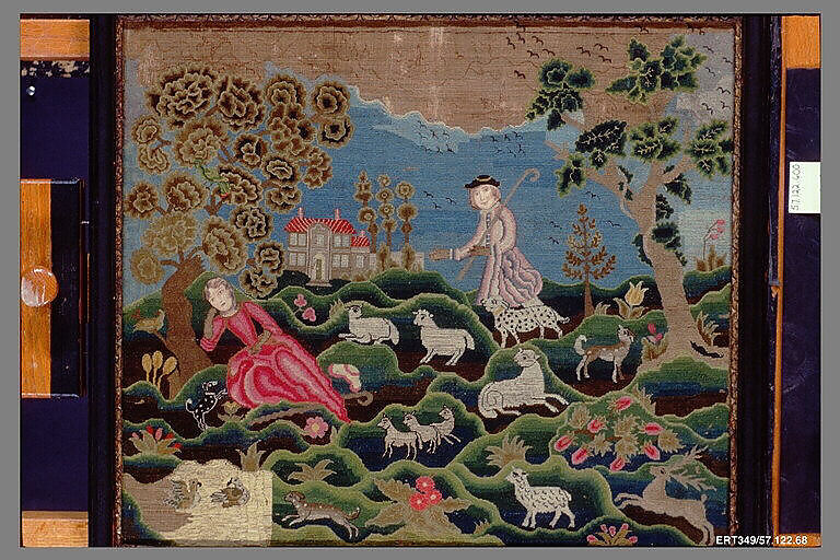 Shepherd and Shepherdess, Ann Gardner (1755–1836), Linen embroidered with wool and silk threads; decorated with paper, American
