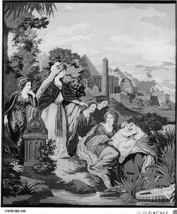 Needlework Picture: “The Finding of Moses in the River Nile”, Mary Ann Parks Hammond (1839–1866), Wool embroidery on linen, American