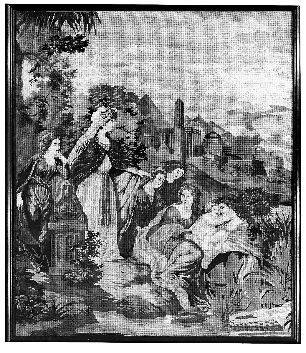 Needlework Picture: “The Finding of Moses in the River Nile”, Mary Ann Parks Hammond (1839–1866), Wool embroidery on linen, American