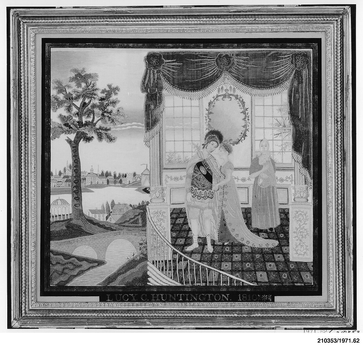 Hector Taking Leave of His Family, Lucy Coit Huntington (1794–1818), Silk embroidery with metallic thread, applied fabric, sequins, and watercolor on silk, American