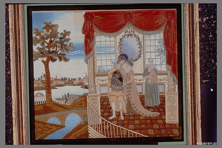 Hector Taking Leave of His Family, Lucy Coit Huntington (1794–1818), Silk embroidery with metallic thread, applied fabric, sequins, and watercolor on silk, American