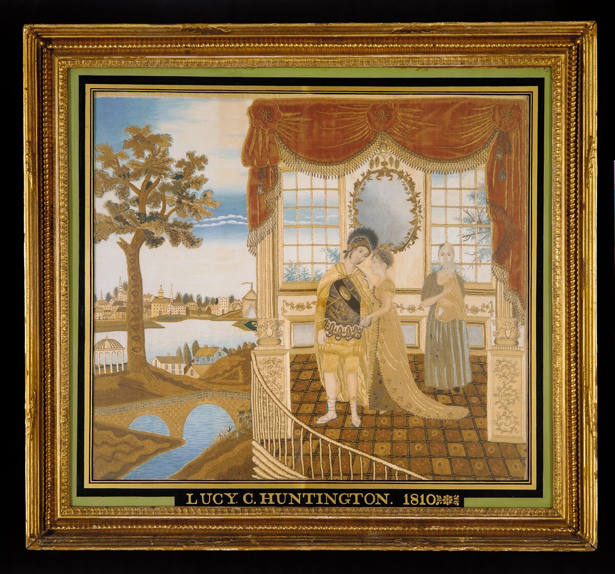 Hector Taking Leave of His Family, Lucy Coit Huntington (1794–1818), Silk embroidery with metallic thread, applied fabric, sequins, and watercolor on silk, American
