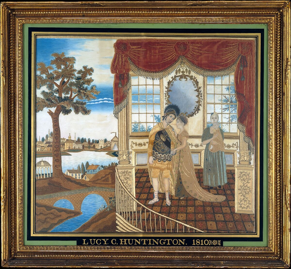 Hector Taking Leave of His Family, Lucy Coit Huntington (1794–1818), Silk embroidery with metallic thread, applied fabric, sequins, and watercolor on silk, American